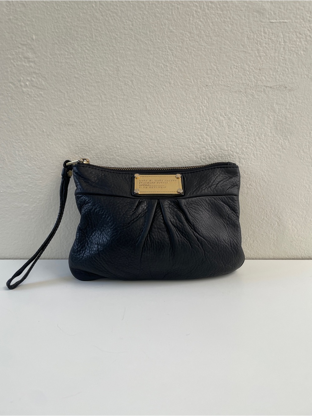 Marc by Marc Jacobs Black Pebbled Leather Wristlet Clutch with Gold Plaque